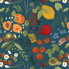 Fresh Produce of the Earth, Vegetables, Fruits, Herbs, Kitchen Pattern, Strawberry Drawing, Farmer’s Market, Fresh Produce, Lemon And Berry, Apricot Flower, 