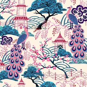 Pink Peacock Chinoiserie - Beige LS