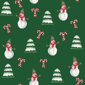 Watercolor Snowman Candy Cane & Tree scatter on Green Medium Scale 8"x 8"