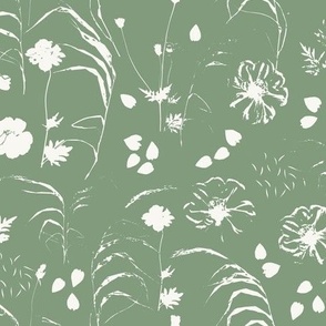 Cosmos & grasses silhouettes sage green - large 12x9