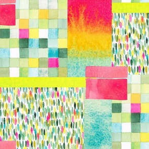 Groovy Trippy Pattern Clash of Watercolour Blobs and Squares