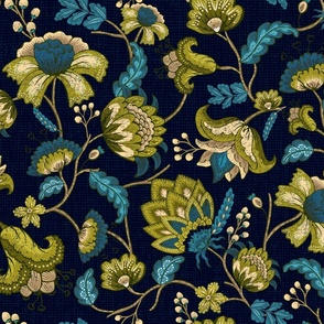 Green and Blue Indian Floral in Dark Blue LS