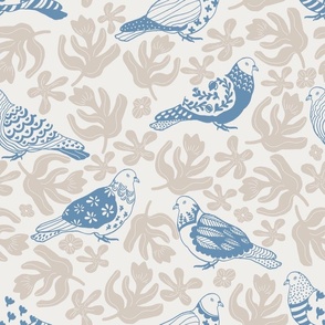 Pigeons and groovy leaves in warm neutrals