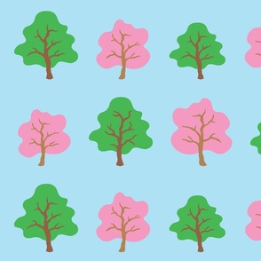 Oversized Colourful Spring Trees Pattern - Sky Blue