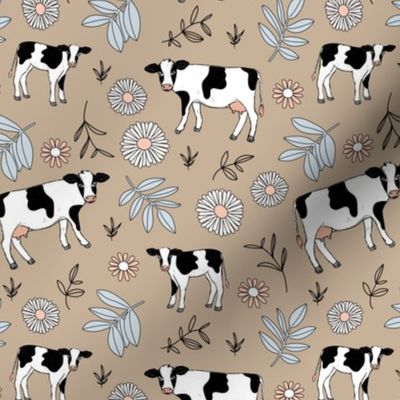 Cute cows in flower fields - spring farmland western cattle farm meadow animals blossom and leaves colorful kids design peach blue gray on latte beige