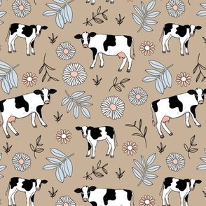 Cute cows in flower fields - spring farmland western cattle farm meadow animals blossom and leaves colorful kids design peach blue gray on latte beige