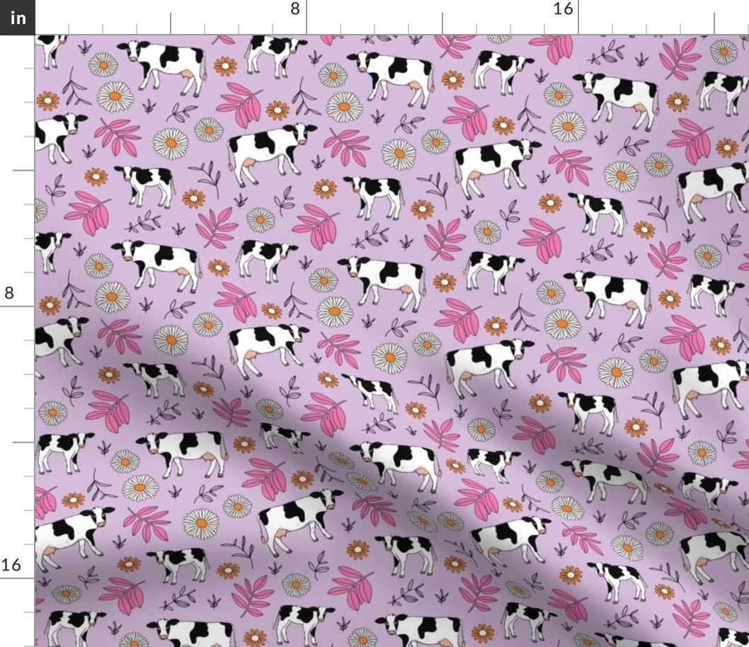 Cute cows in flower fields - spring farmland western cattle farm meadow animals blossom and leaves colorful kids design orange lilac on pink