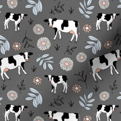 Cute cows in flower fields - spring farmland western cattle farm meadow animals blossom and leaves colorful kids design gray peach on charcoal gray