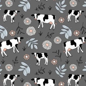 Cute cows in flower fields - spring farmland western cattle farm meadow animals blossom and leaves colorful kids design gray peach on charcoal gray