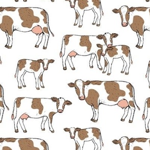 On the farm - brown and white cows spring meadow ink sketched animals American cattle ranch design on white