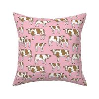 On the farm - brown and white cows spring meadow ink sketched animals American cattle ranch design on soft pink