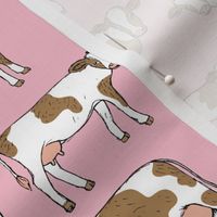 On the farm - brown and white cows spring meadow ink sketched animals American cattle ranch design on soft pink