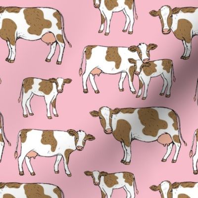 On the farm - brown and white cows spring meadow ink sketched animals American cattle ranch design on soft pink