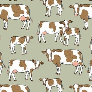 On the farm - brown and white cows spring meadow ink sketched animals American cattle ranch design on sage green