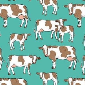 On the farm - brown and white cows spring meadow ink sketched animals American cattle ranch design on teal blue