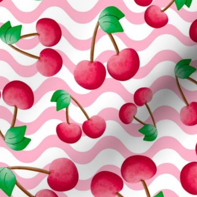 Large Scale Red Summer Cherries on Pink Waves