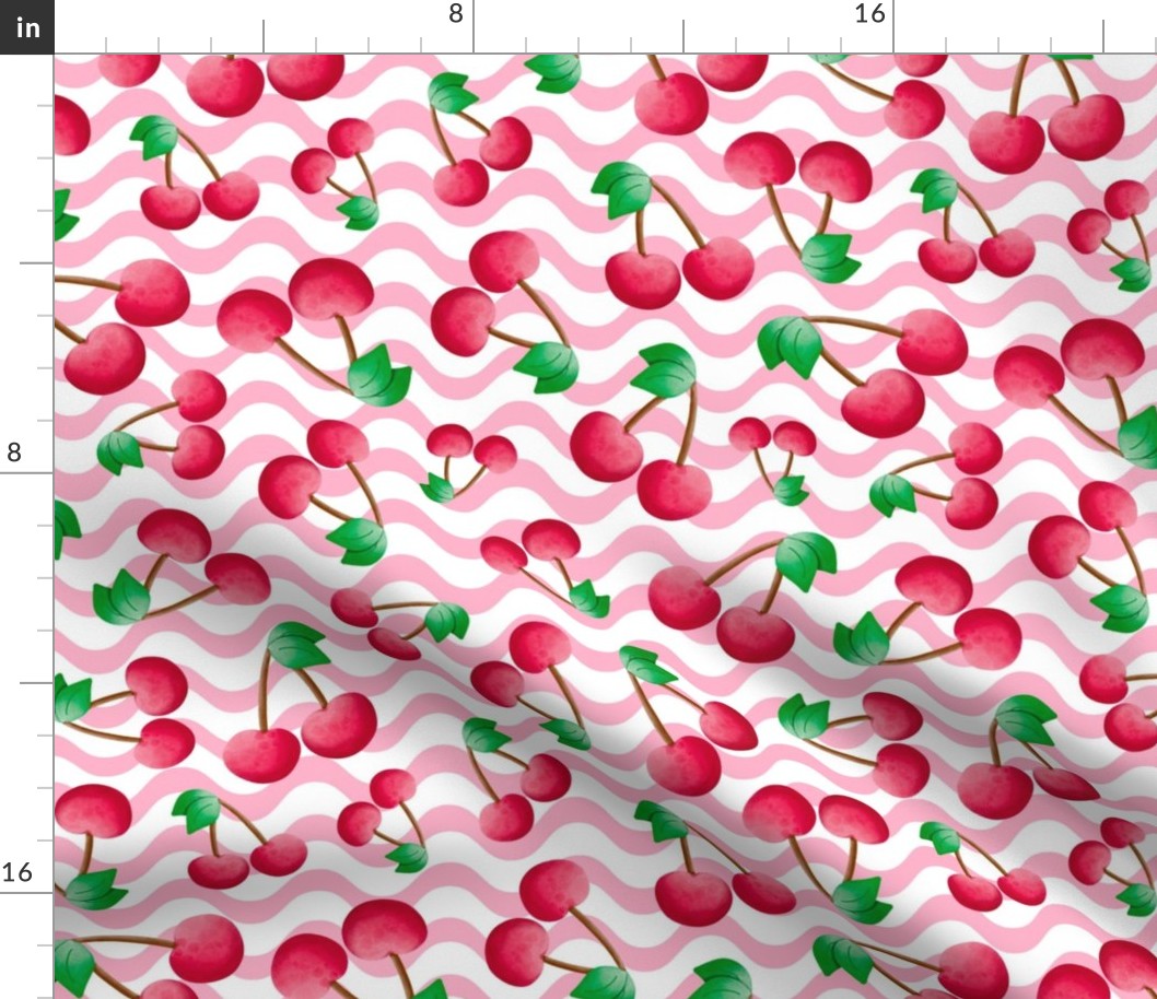 Large Scale Red Summer Cherries on Pink Waves