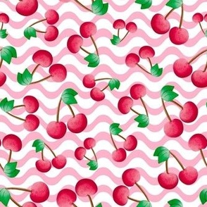 Medium Scale Red Summer Cherries on Pink Waves