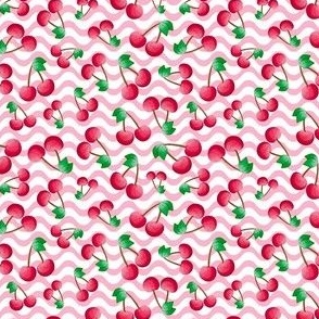 Small Scale Red Summer Cherries on Pink Waves