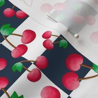 Medium Scale Red Summer Cherries on Navy and White Checker