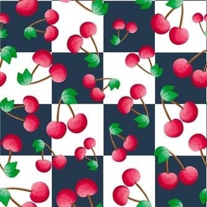 Medium Scale Red Summer Cherries on Navy and White Checker