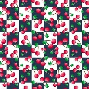 Small Scale Red Summer Cherries on Navy and White Checker