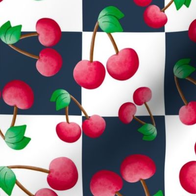 Large Scale Red Summer Cherries on Navy and White Checker