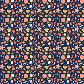 Shells, pink red yellow, navy background, XS