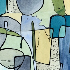 Mid Century (L) Modern Abstract Mixed Media Line Art and Watercolor Painting