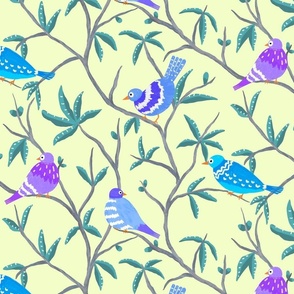 Large scale-Hand painted blue and purple birds