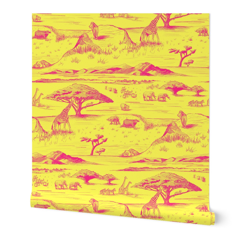 African Savanna Toile de Jouy, Hot Pink on Lemon