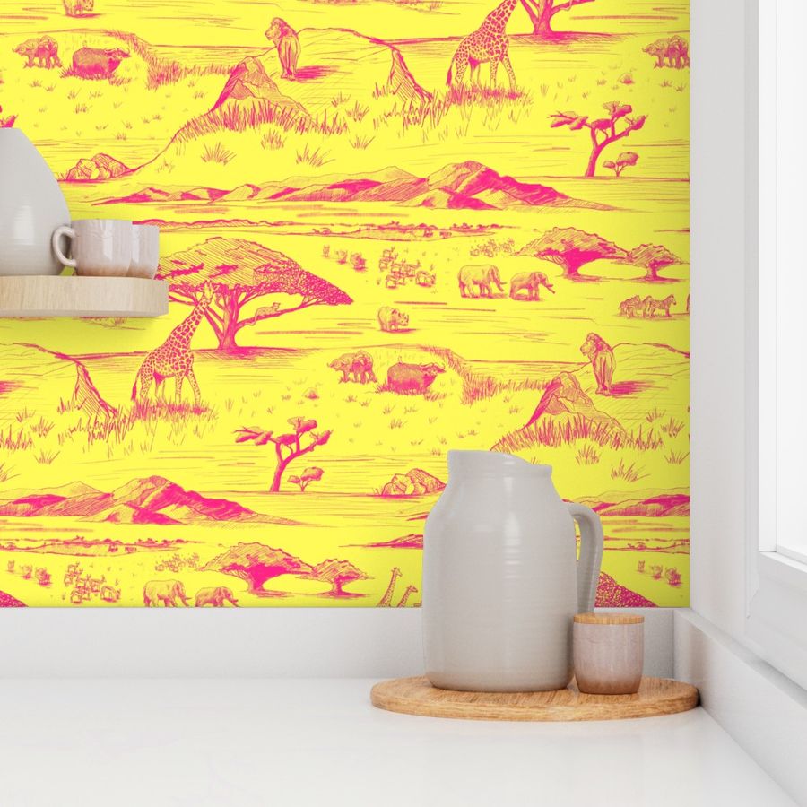 African Savanna Toile de Jouy, Hot Pink on Lemon