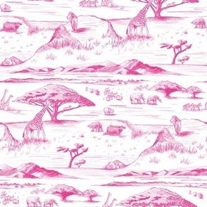 African Savanna Toile de Jouy, Hot Pink on White