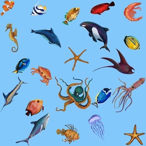 Underwater creatures on a blue background 