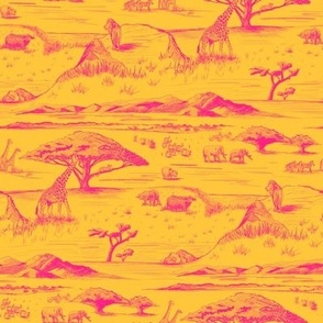 African Savanna Toile de Jouy, Hot Pink on Tangerine