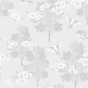 Robin's Orchard Toile - Platinum White - Large Scale