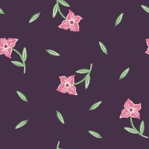 Large Scattered Painterly Pink Flowers and Leaves with Dark Purple Background