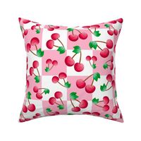 Large Scale Red Summer Cherries on Pink and White Checker
