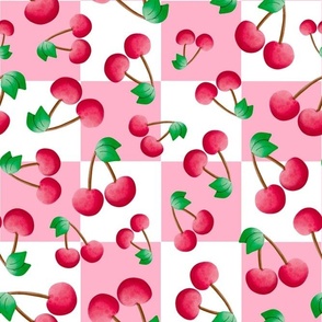 Large Scale Red Summer Cherries on Pink and White Checker