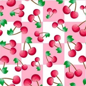 Medium Scale Red Summer Cherries on Pink and White Checker