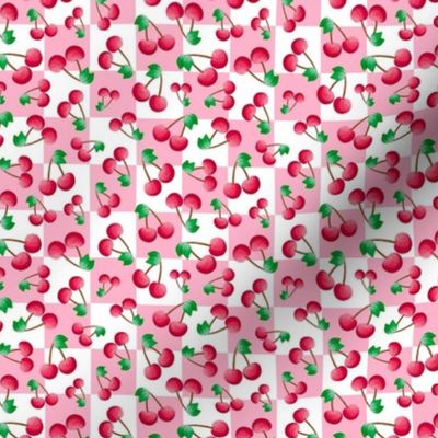 Small Scale Red Summer Cherries on Pink and White Checker