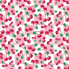 Small Scale Red Summer Cherries on Pink and White Checker