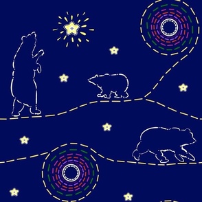 Bears in the stars on navy blue with yellow, white, green, pink, orange, purple