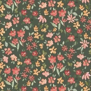 3x3 inch hand painted watercolor ditsy floral in warm boho pink on dark green for bows, dolls, kids apparel and small projects. 