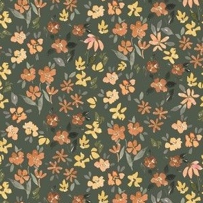 3x3 inch hand painted watercolor ditsy floral in warm boho yellow on dark green for bows, dolls, kids apparel and small projects. 