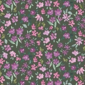 3x3 inch hand painted watercolor ditsy floral in purple on dark green for bows, dolls, kids apparel and small projects. 