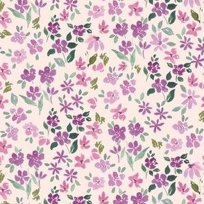 3x3 inch hand painted watercolor ditsy floral in purple on pink for bows, dolls, kids apparel and small projects. 