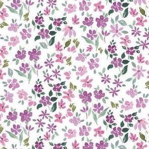 3x3 inch hand painted watercolor ditsy floral in purple on white for bows, dolls, kids apparel and small projects. 