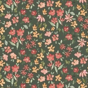 Jumbo hand painted watercolor ditsy floral in warm boho pink on dark green for womens wear, kids apparel and nursery décor. 