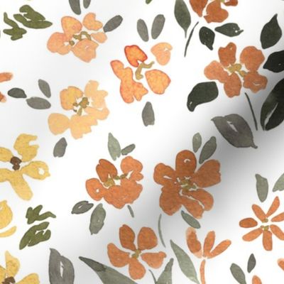 floral aesthetic bloomcore in warm boho tones. watercolor flowers in brown, yellow and peach for wallpaper and bedding / medium scale